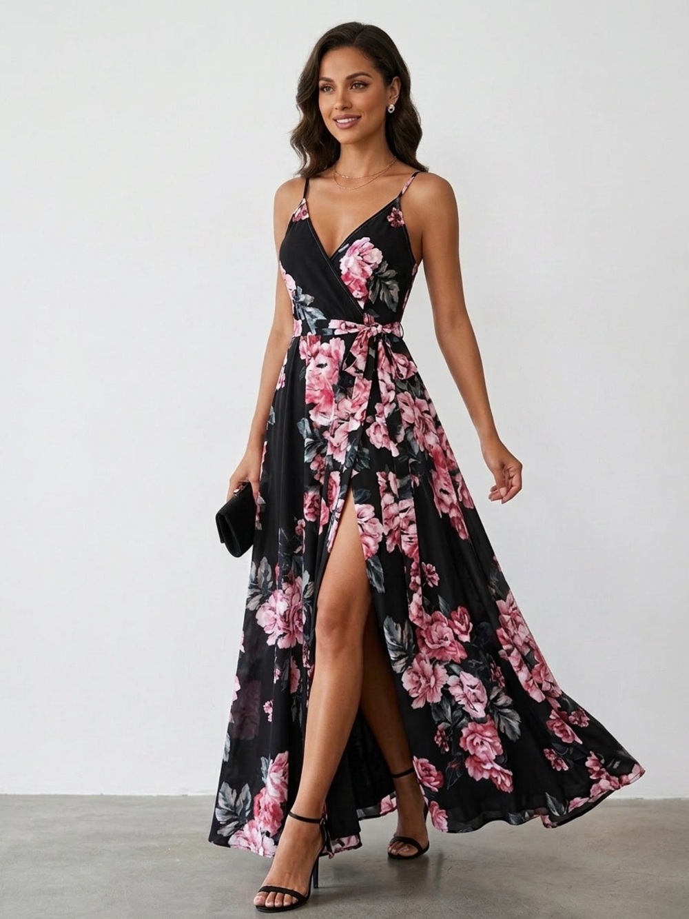 Lulus Floral Flirtation Black Floral Print Wrap Maxi Dress - Size S